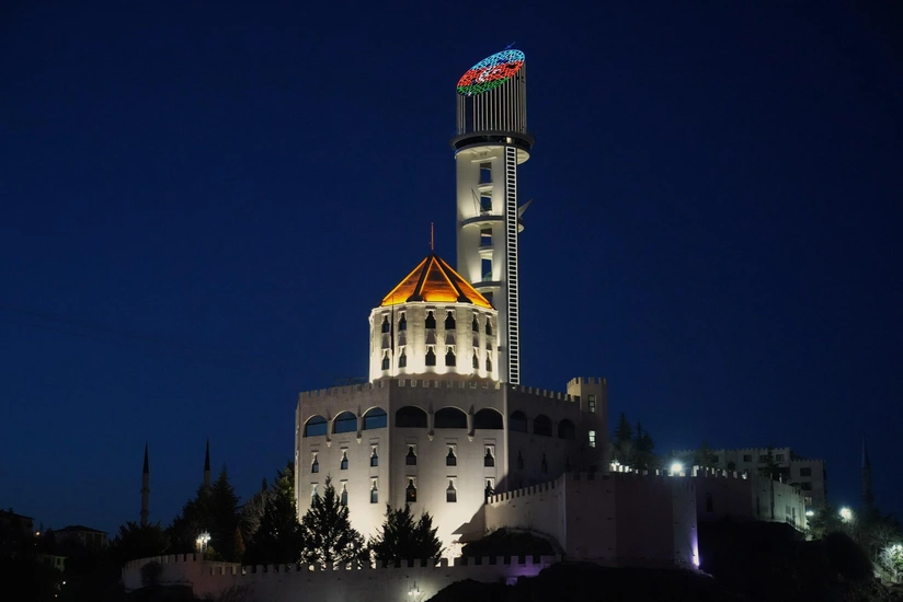 Azerbaijani flag projected on the Republic Tower in Ankara