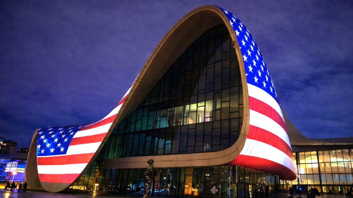 Heydar Aliyev Center illuminated with the US flag in honor of Vance’s visit