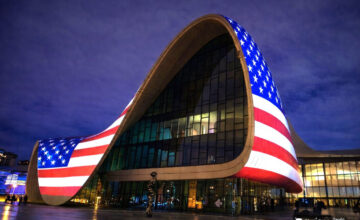 Heydar Aliyev Center illuminated with the US flag in honor of Vance’s visit