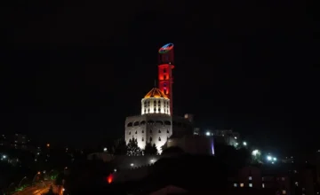 Azerbaijani flag projected on the Republic Tower in Ankara