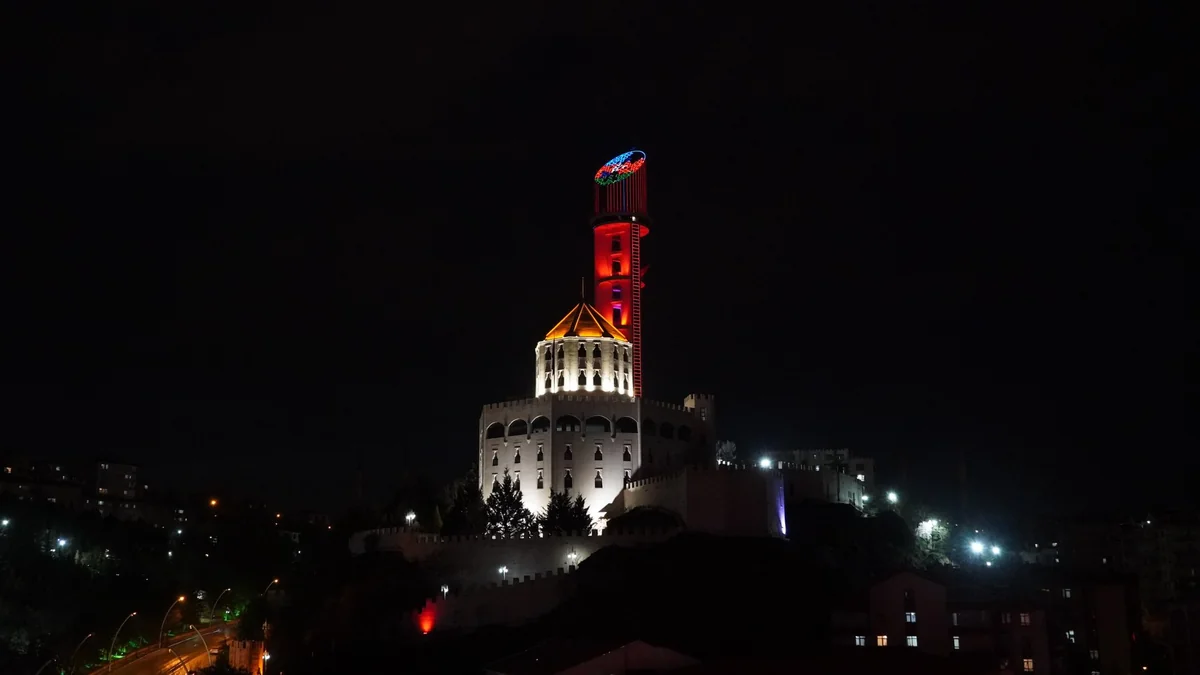 Azerbaijani flag projected on the Republic Tower in Ankara