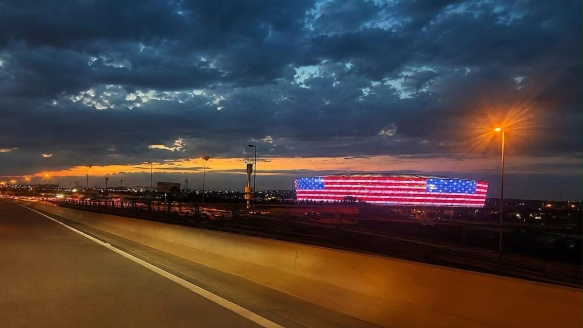Baku Olympic Stadium illuminated with the colors of the US flag